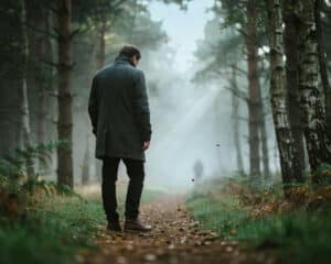 Person walking alone on a misty forest path, representing betrayal, moral injury and attachment therapy