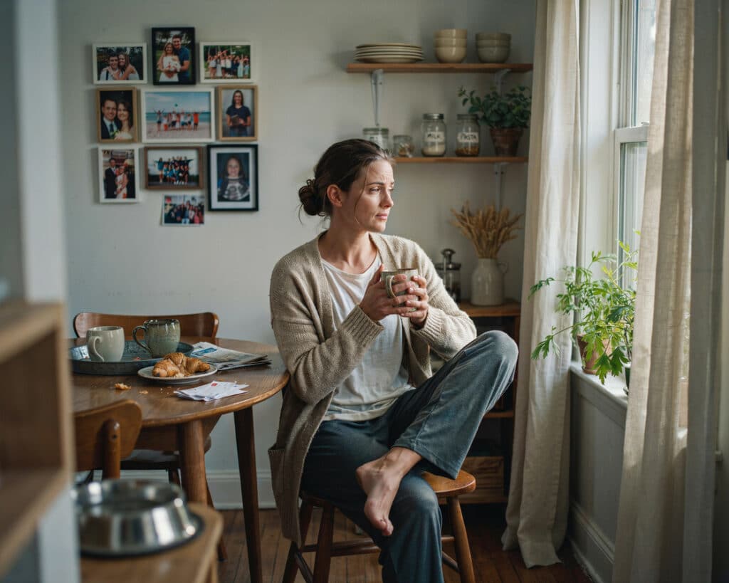 Woman sitting alone looking thoughtful, exploring whether a good childhood can still involve attachment trauma