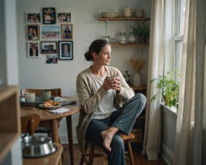 Woman sitting alone looking thoughtful, exploring whether a good childhood can still involve attachment trauma