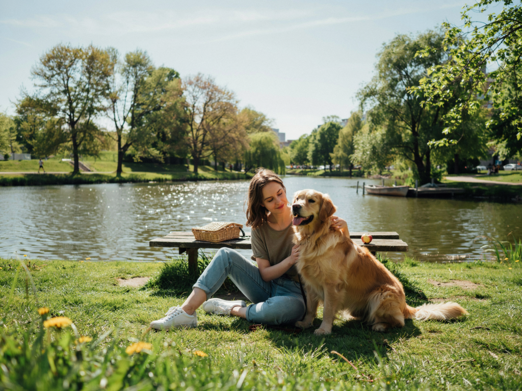 Dog by woman in park