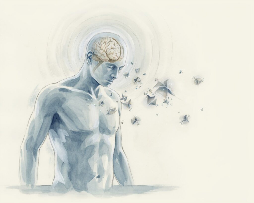 Abstract illustration of a human figure with visible brain highlighting trauma, freeze response, dissociation and fragmented memory
